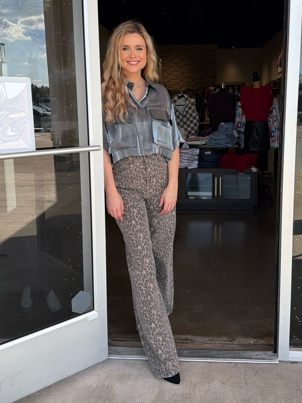 Shimmer Metallic Grey Boxy Button Down Boutique Blouse - Picture 7 of 10